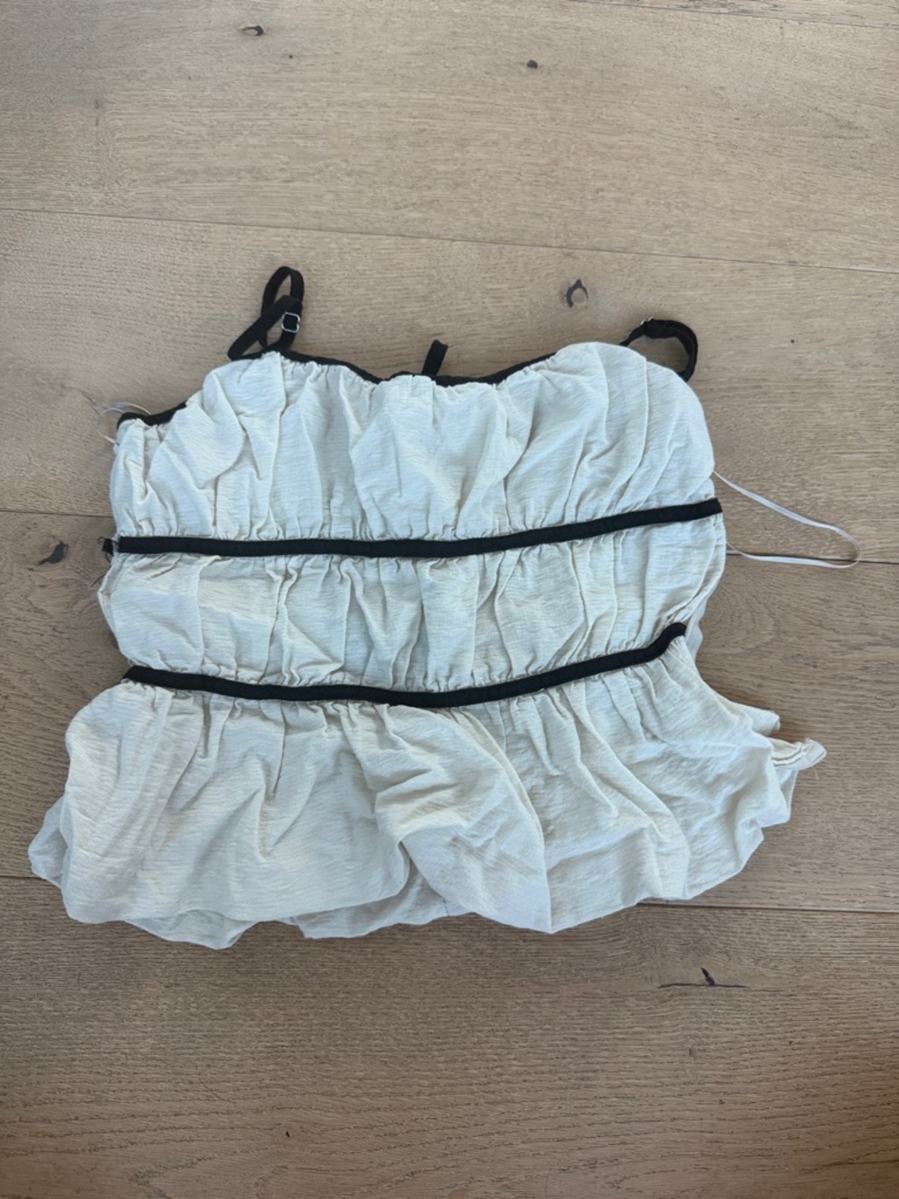 Cream Ruffled Spaghetti Strap Cami with Black Trim